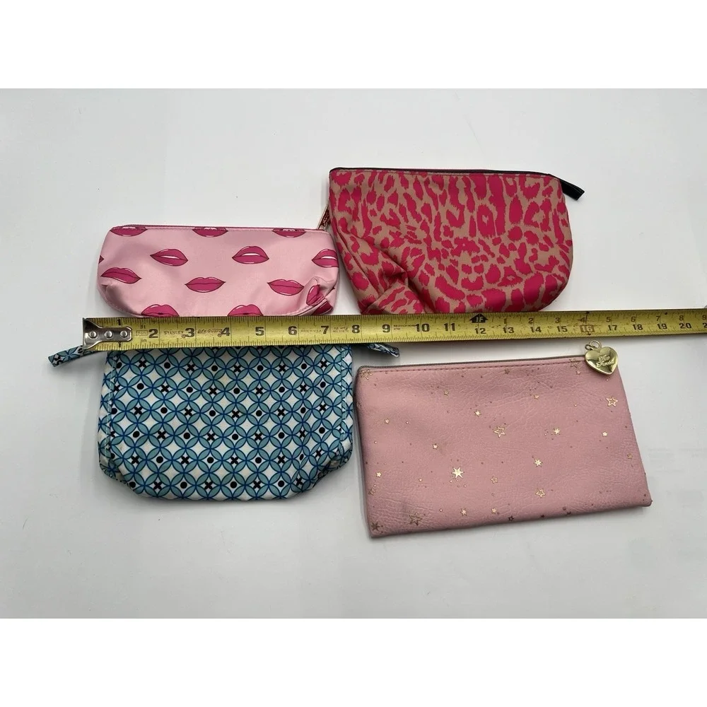 Lot of 4 Cosmetic Makeup Bags Pouches Lips Leopard Too Faced Blue Print
